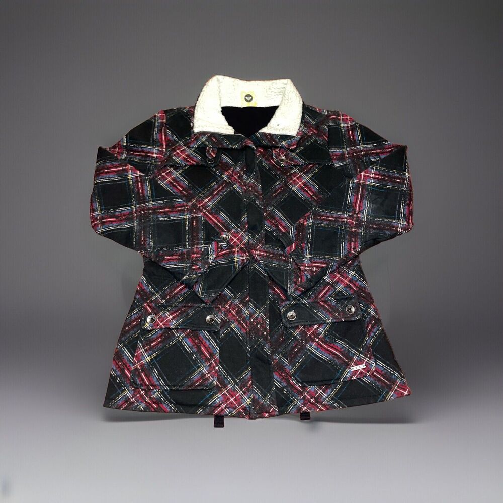 Roxy Black And Red Plaid Jacket Juniors Size L Fleece Collar Pockets Logo Tag